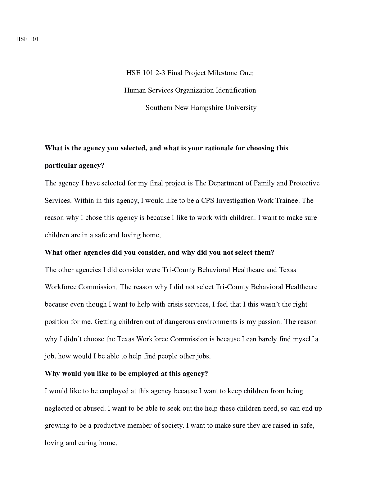 Preview image for HSE 101 FP Milestone One|    HSE 101  HSE 101 2-3 Final Project Milestone One: Human S